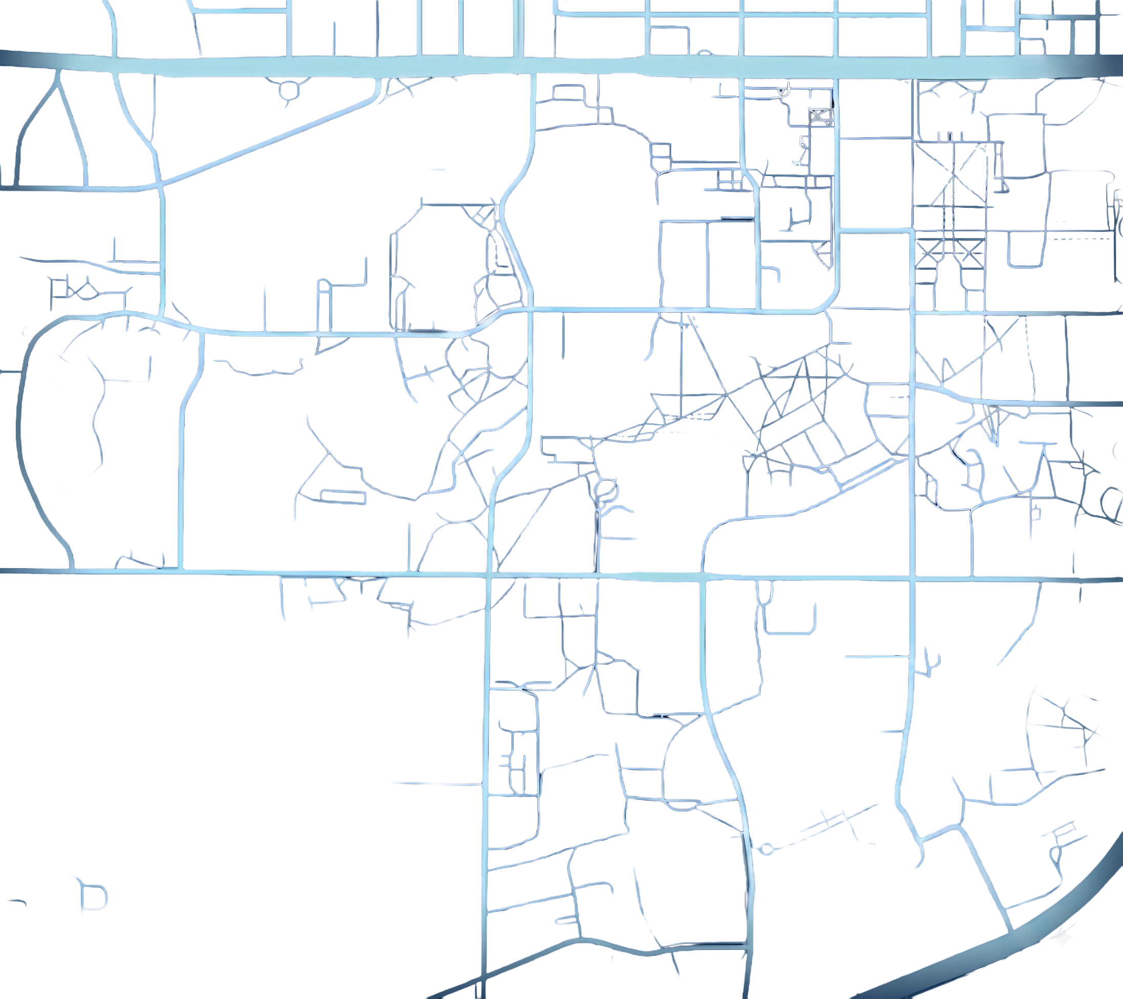 A map of a city or town with roads, streets, and buildings. The map is in black and white with light blue lines.