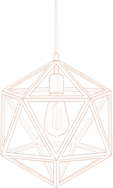 A white geometric shape with a lightbulb inside, possibly a logo.