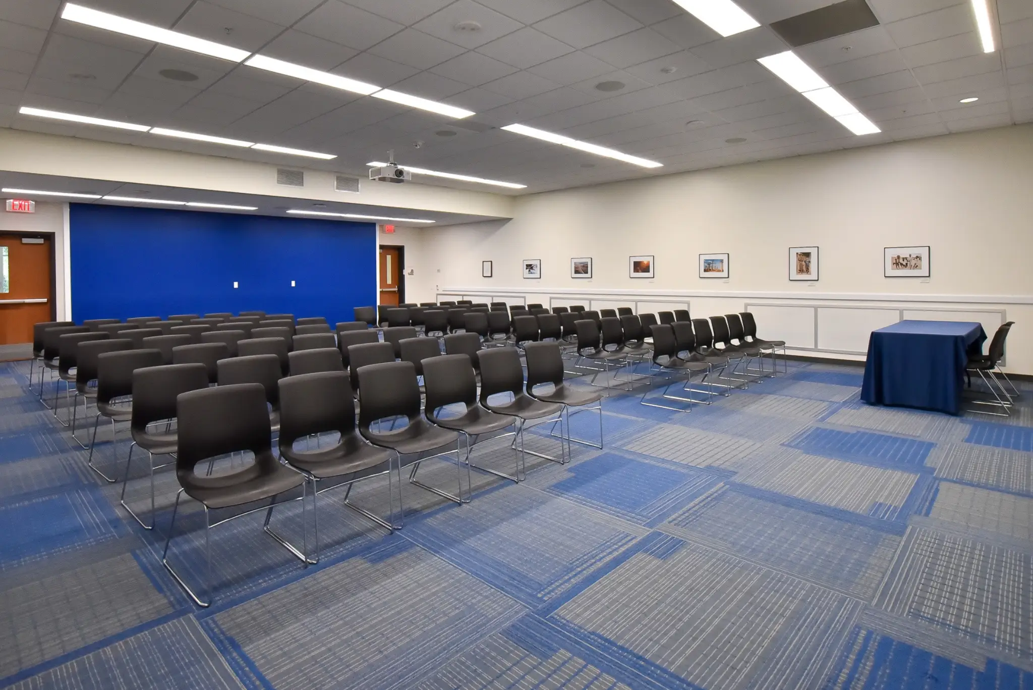 Empty conference room with rows of chairs, blue wall, and white ceiling.